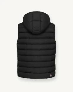 Gilet nero in nylon opaco imbottito in piuma con cappuccio staccabile