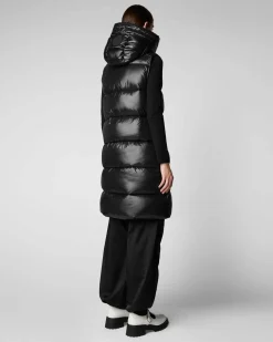 Gilet nero media lunghezza Save the duck modello Iria in tessuto effetto laccato con cappuccio e coulisse tono su tono
