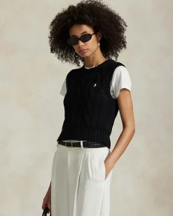 Gilet nero Polo Ralph Lauren in cotone a maxi trecce con scollo tondo e logo ricamato sul petto