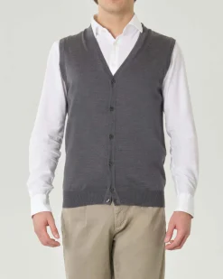 Gilet Pellizzari grigio medio in pura lana merino con chiusura a bottoni