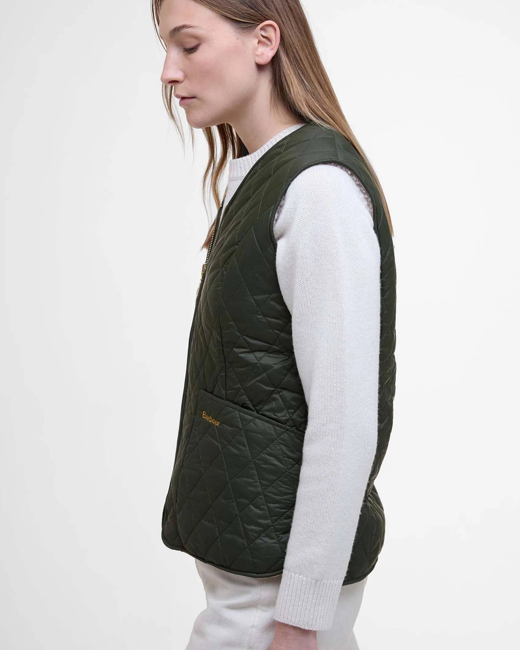 Gilet verde Barbour modello Mrkebfield in tessuto trapuntato con interno orsetto a contrasto di colore