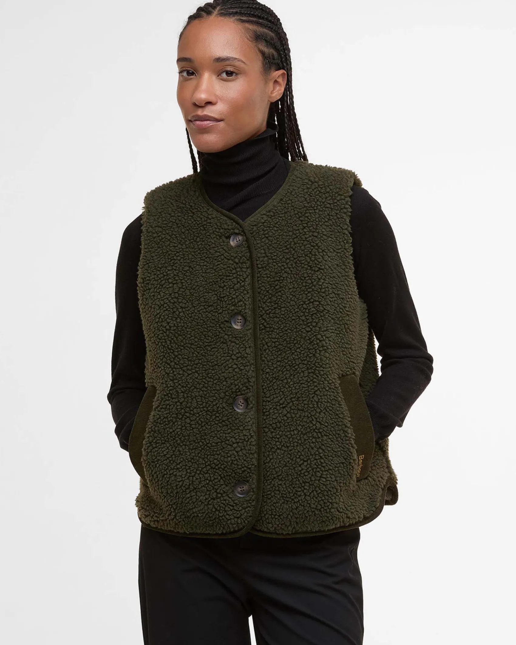 Gilet verde oliva in pile Barbour modello Luciana con profili in velluto a coste colore cammello