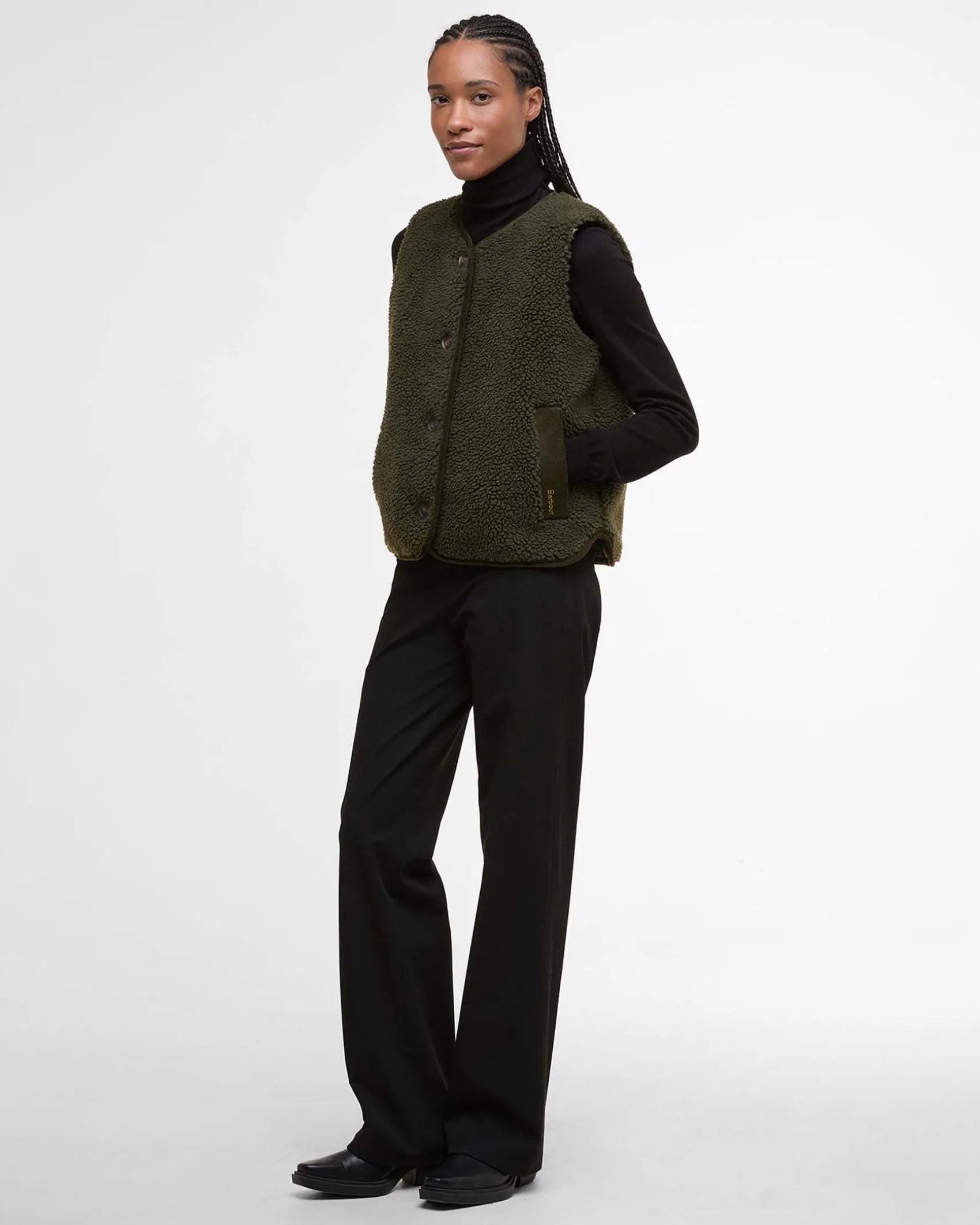Gilet verde oliva in pile Barbour modello Luciana con profili in velluto a coste colore cammello