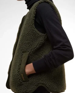 Gilet verde oliva in pile Barbour modello Luciana con profili in velluto a coste colore cammello