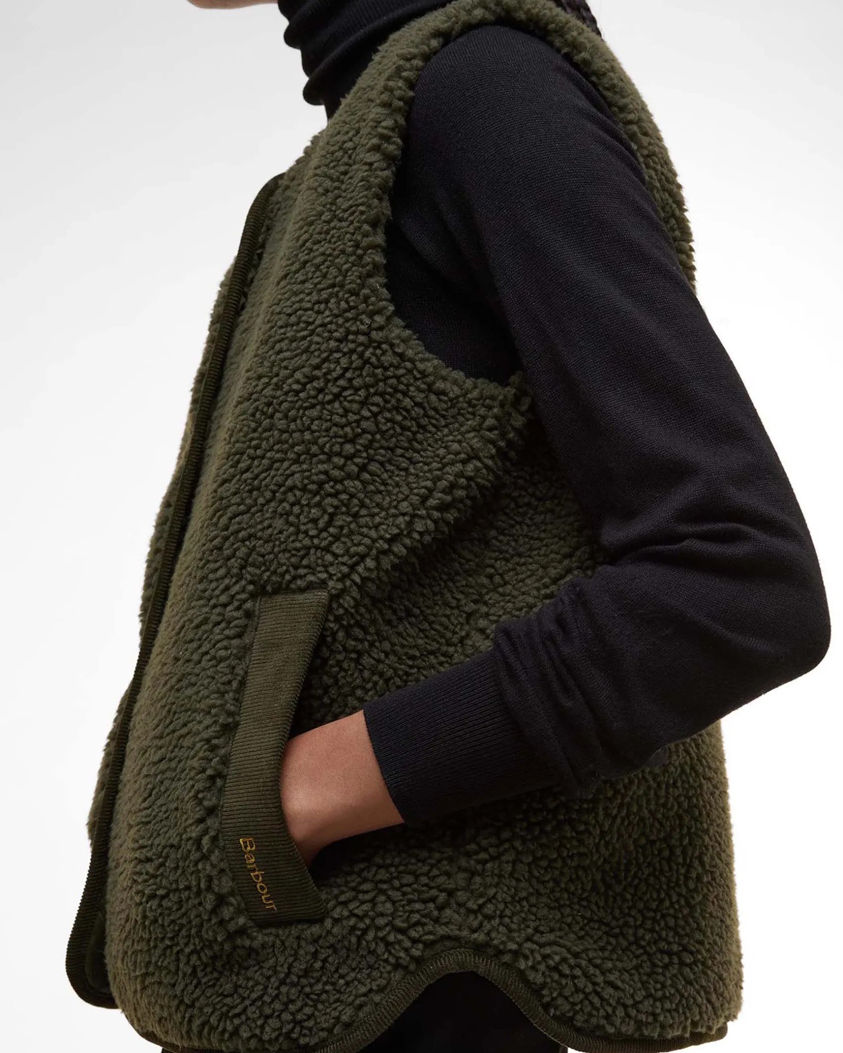 Gilet verde oliva in pile Barbour modello Luciana con profili in velluto a coste colore cammello