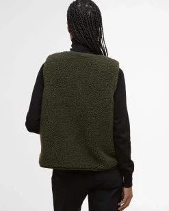 Gilet verde oliva in pile Barbour modello Luciana con profili in velluto a coste colore cammello