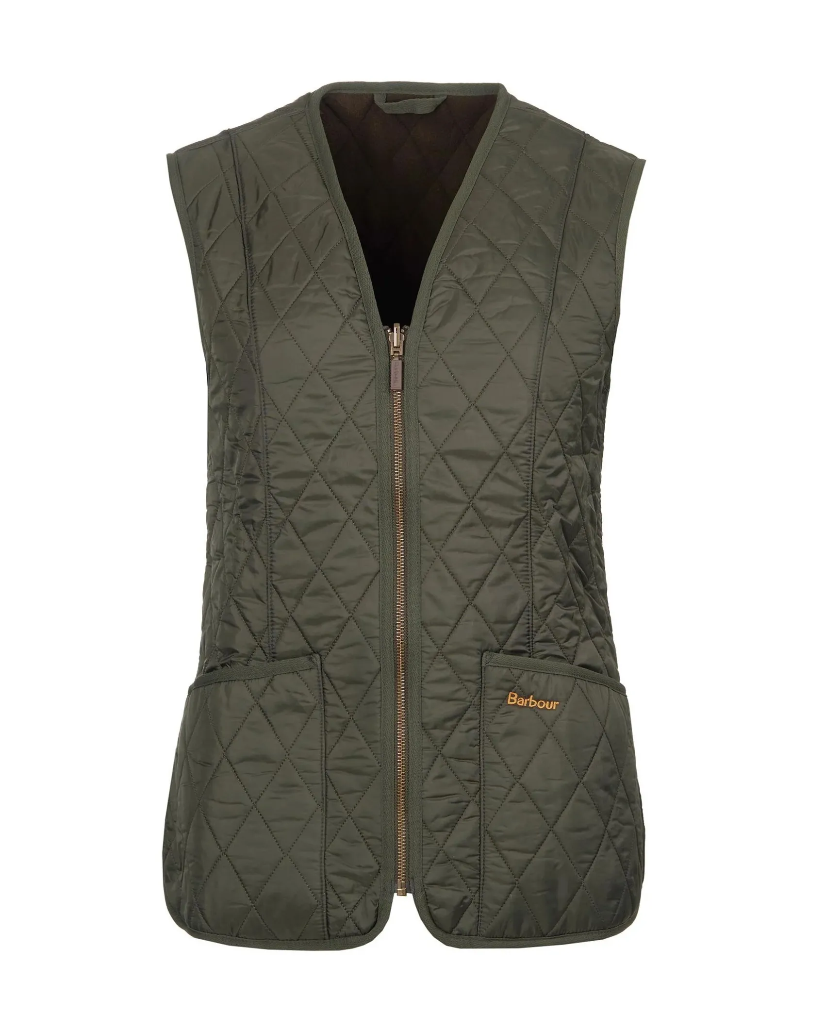 Gilet verde trapuntato dalla linea sfiancata con scollo a V e chiusura a cerniera