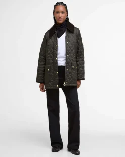 Giubbino Barbour Beadnell verde oliva in tessuto trapuntato con colletto marrone in velluto a costine