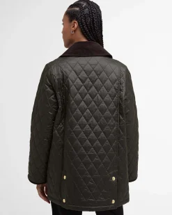 Giubbino Barbour Beadnell verde oliva in tessuto trapuntato con colletto marrone in velluto a costine
