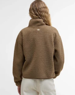 Giubbino Barbour Mabell color cammello in tessuto teddy con colletto in piedi e taschino sul petto