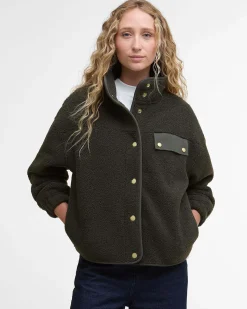 Giubbino Barbour Mabell verde oliva in tessuto teddy con colletto in piedi e taschino sul petto