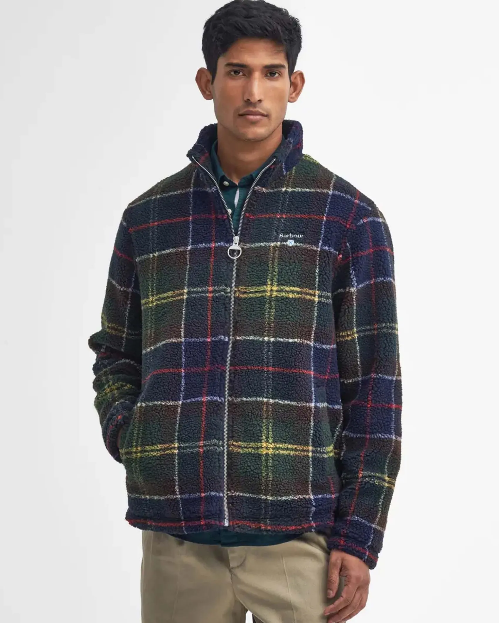 Giubbino Barbour Tartan Fleece in pile sherpa militare e blu