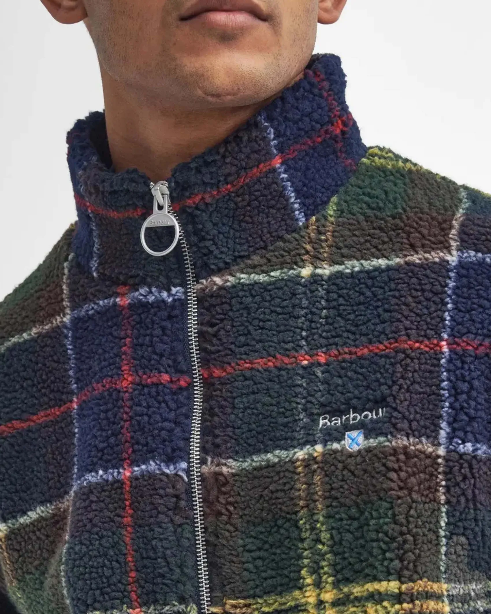 Giubbino Barbour Tartan Fleece in pile sherpa militare e blu
