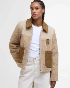Giubbino beige Barbour modello Malena in teddy bicolore con colletto e tasche in velluto color cammello a costine