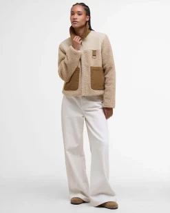 Giubbino beige Barbour modello Malena in teddy bicolore con colletto e tasche in velluto color cammello a costine