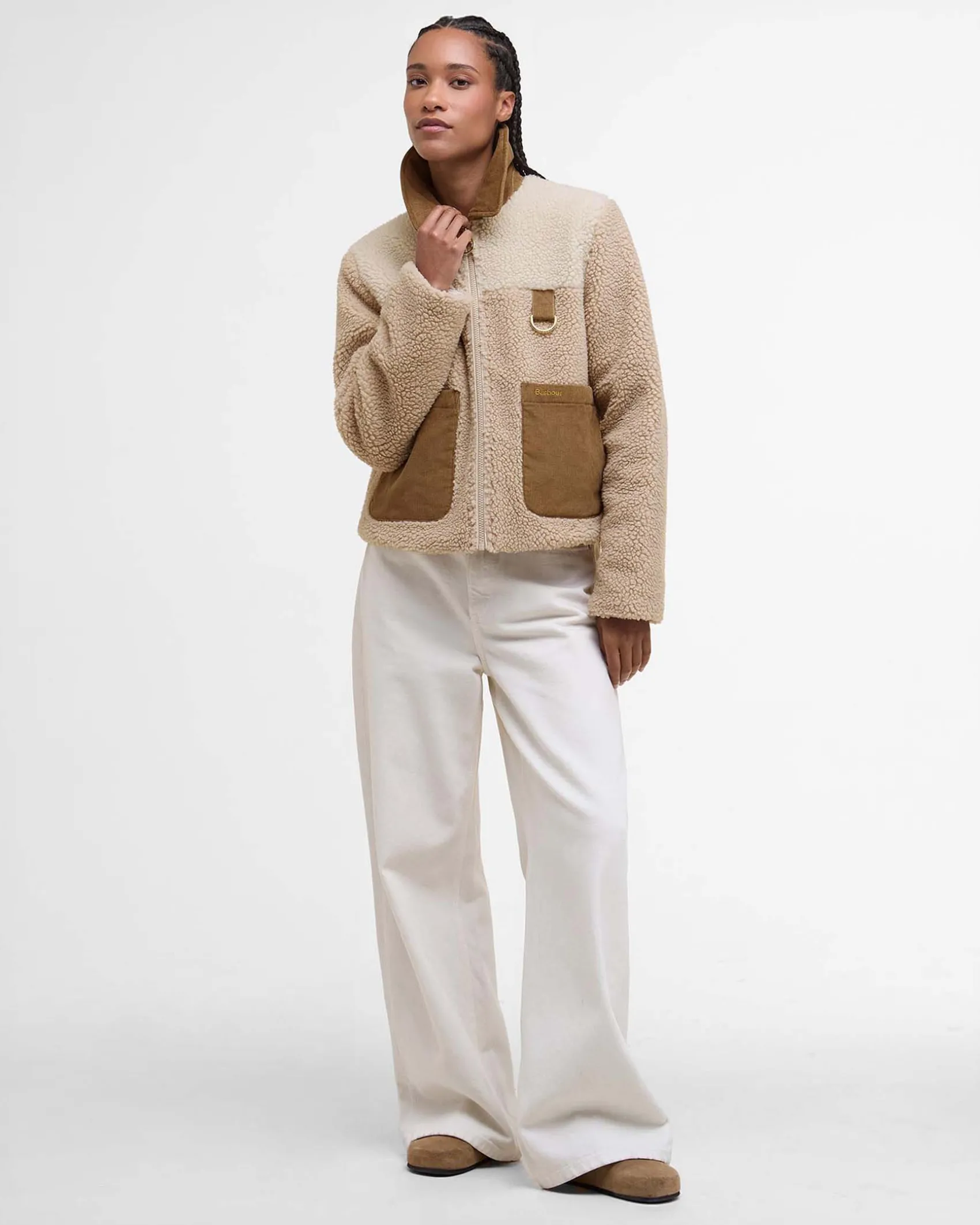 Giubbino beige Barbour modello Malena in teddy bicolore con colletto e tasche in velluto color cammello a costine