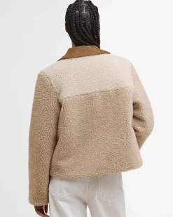 Giubbino beige Barbour modello Malena in teddy bicolore con colletto e tasche in velluto color cammello a costine