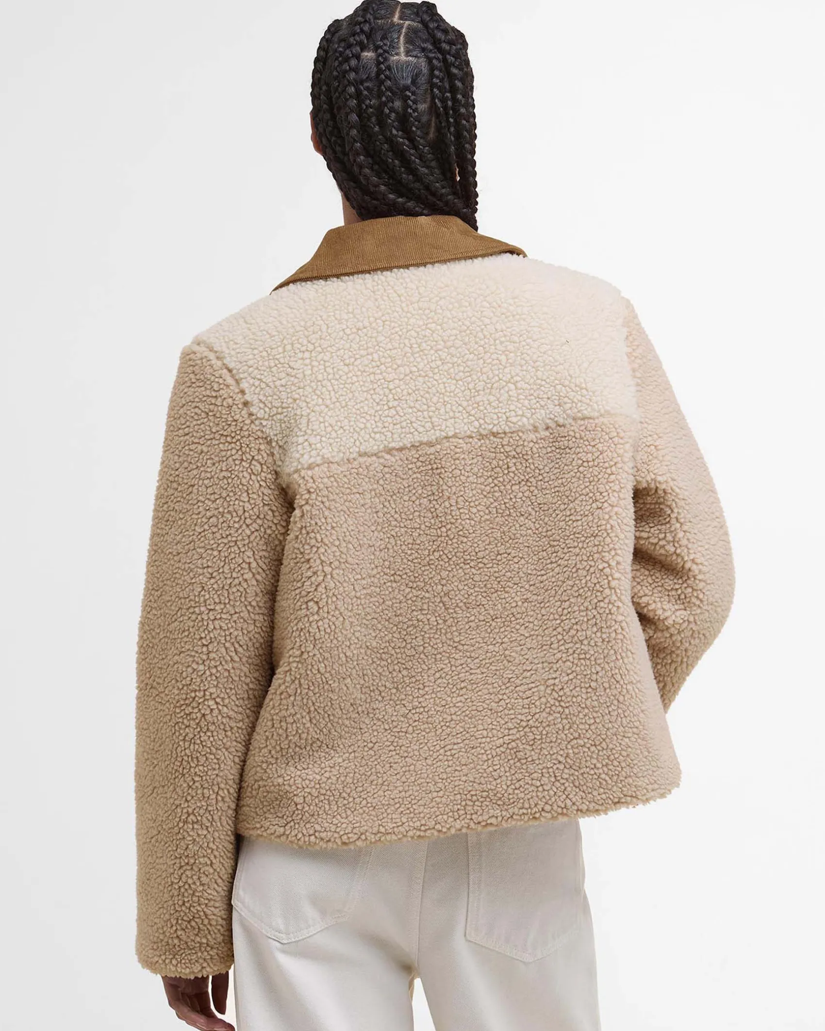 Giubbino beige Barbour modello Malena in teddy bicolore con colletto e tasche in velluto color cammello a costine