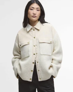 Giubbino bianco Barbour Maxine in misto lana a coste con inserti in velluto sulle spalle tono su tono