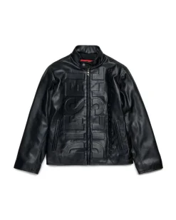 Giubbino biker Diesel in similpelle nera con maxi scritta logo in rilievo