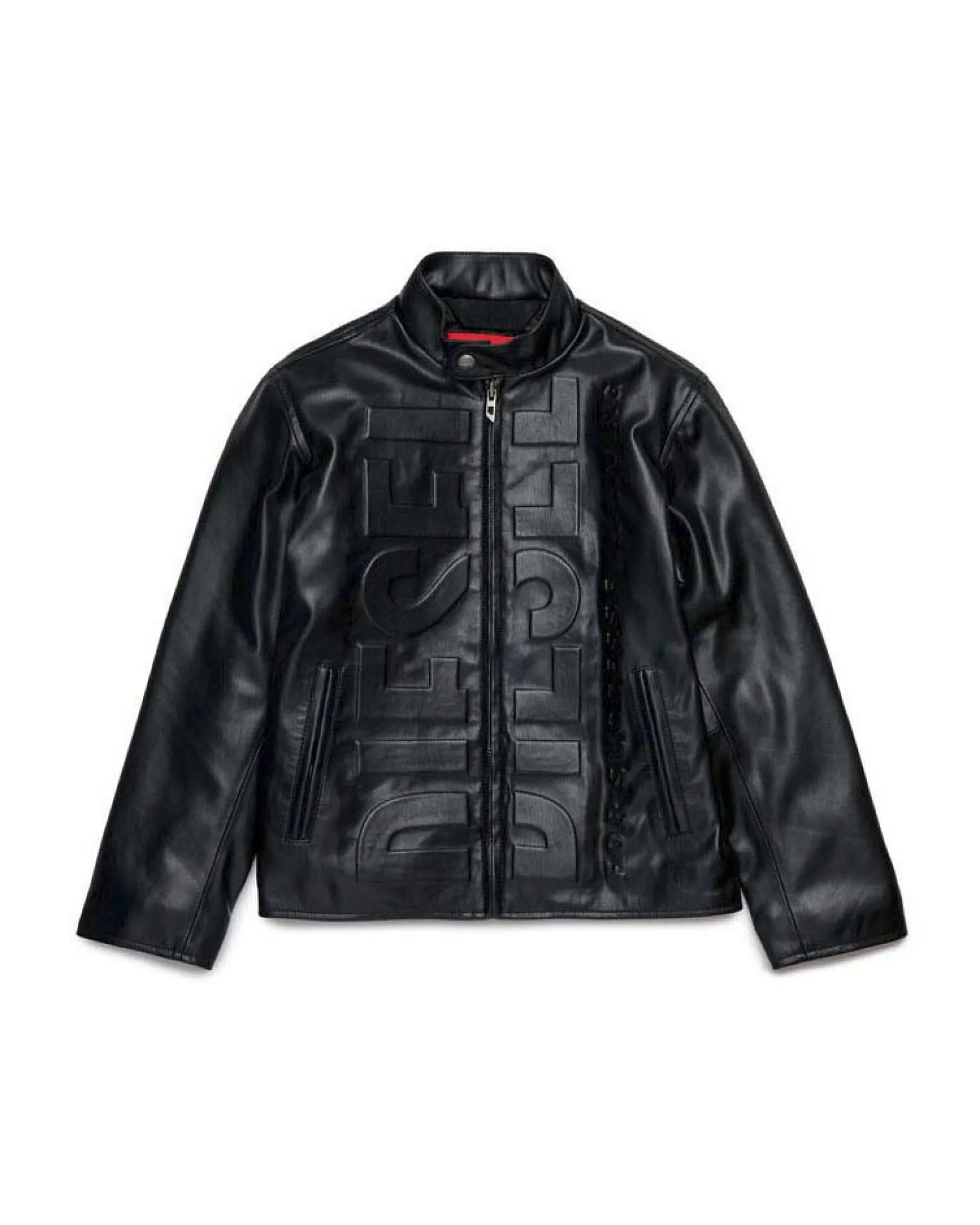 Giubbino biker Diesel in similpelle nera con maxi scritta logo in rilievo