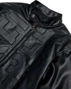 Giubbino biker Diesel in similpelle nera con maxi scritta logo in rilievo