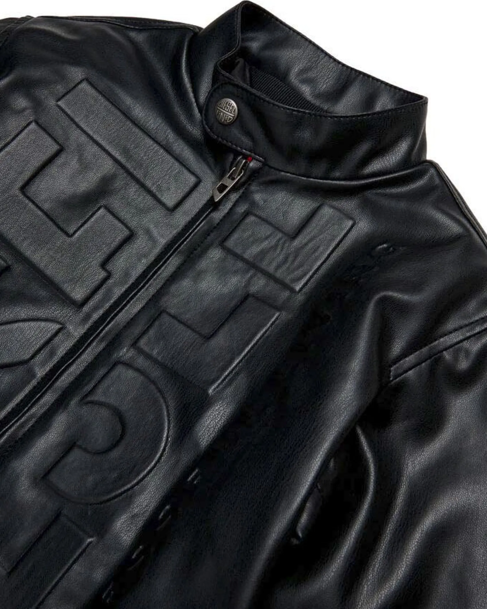 Giubbino biker Diesel in similpelle nera con maxi scritta logo in rilievo