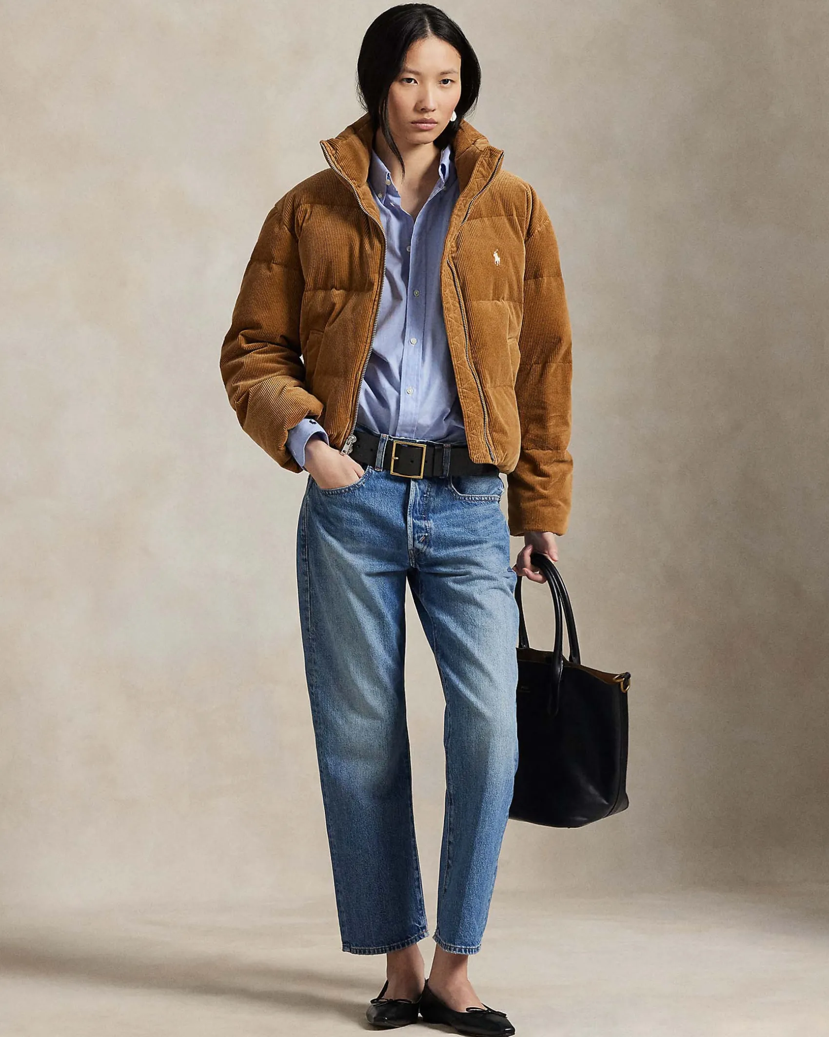 Giubbino color cammello Polo Ralph Lauren in velluto a coste di cotone con imbottitura in piuma d'oca e collo in piedi