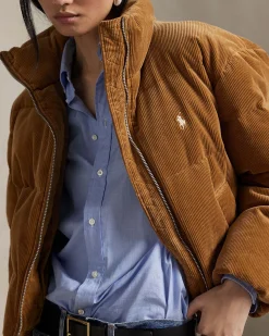 Giubbino color cammello Polo Ralph Lauren in velluto a coste di cotone con imbottitura in piuma d'oca e collo in piedi