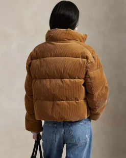 Giubbino color cammello Polo Ralph Lauren in velluto a coste di cotone con imbottitura in piuma d'oca e collo in piedi