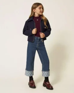 Giubbino cropped Twinset blu in panno con taschine e zip