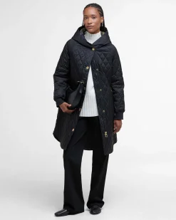Giubbino midi nero Barbour Hilary trapuntato con cappuccio avvolgente e polsini in tessuto elasticizzato