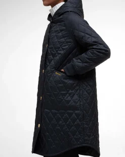 Giubbino midi nero Barbour Hilary trapuntato con cappuccio avvolgente e polsini in tessuto elasticizzato