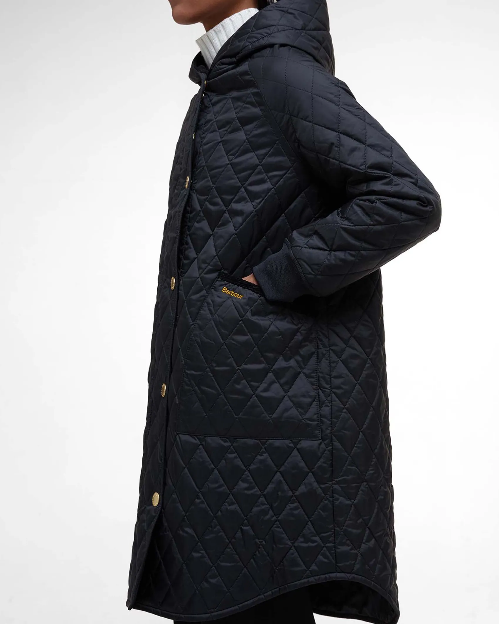 Giubbino midi nero Barbour Hilary trapuntato con cappuccio avvolgente e polsini in tessuto elasticizzato