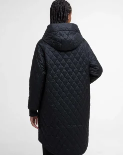 Giubbino midi nero Barbour Hilary trapuntato con cappuccio avvolgente e polsini in tessuto elasticizzato