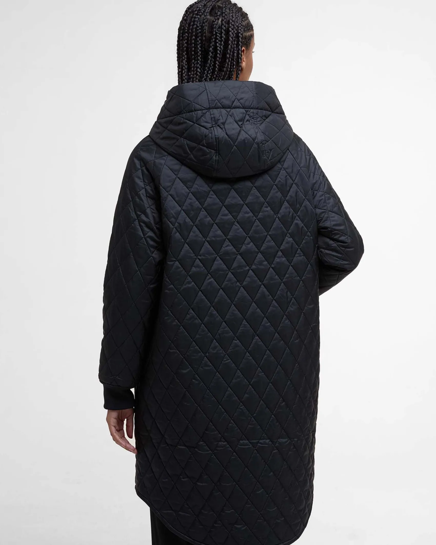 Giubbino midi nero Barbour Hilary trapuntato con cappuccio avvolgente e polsini in tessuto elasticizzato