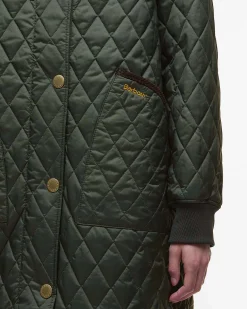 Giubbino midi verde oliva Barbour Hilary trapuntato con cappuccio avvolgente e polsini in tessuto elasticizzato