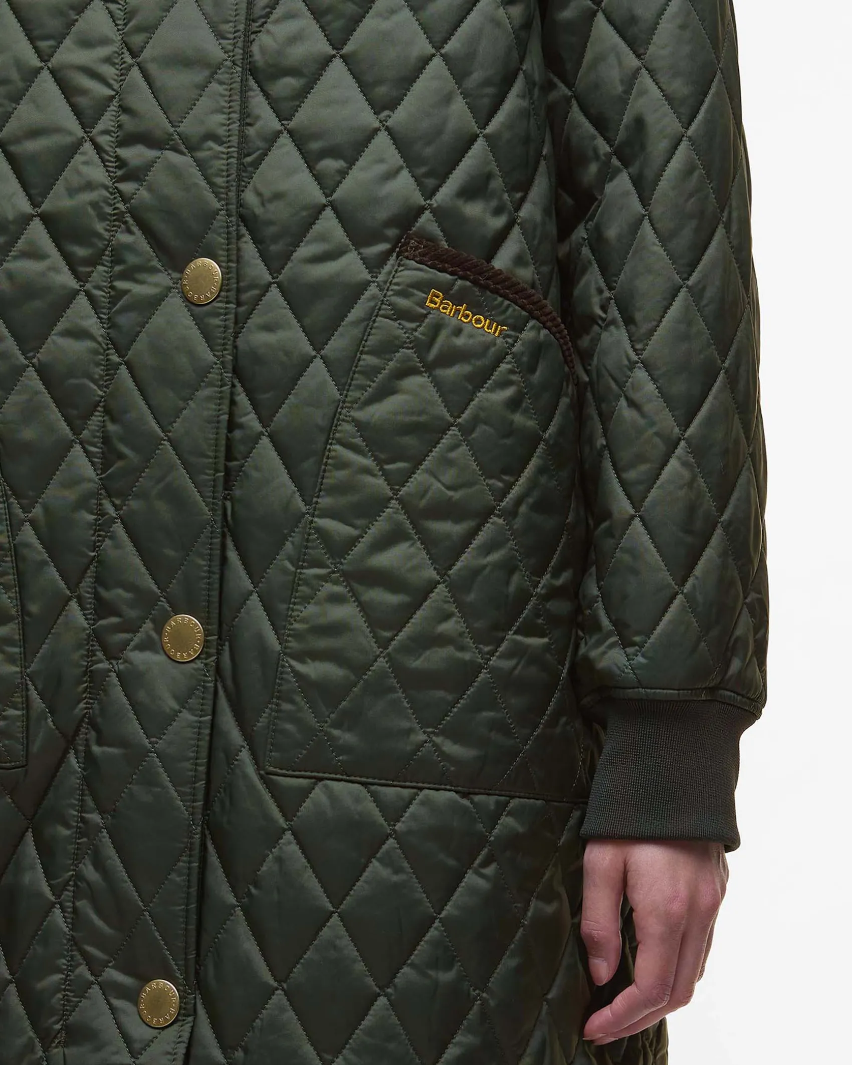Giubbino midi verde oliva Barbour Hilary trapuntato con cappuccio avvolgente e polsini in tessuto elasticizzato