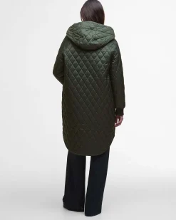 Giubbino midi verde oliva Barbour Hilary trapuntato con cappuccio avvolgente e polsini in tessuto elasticizzato