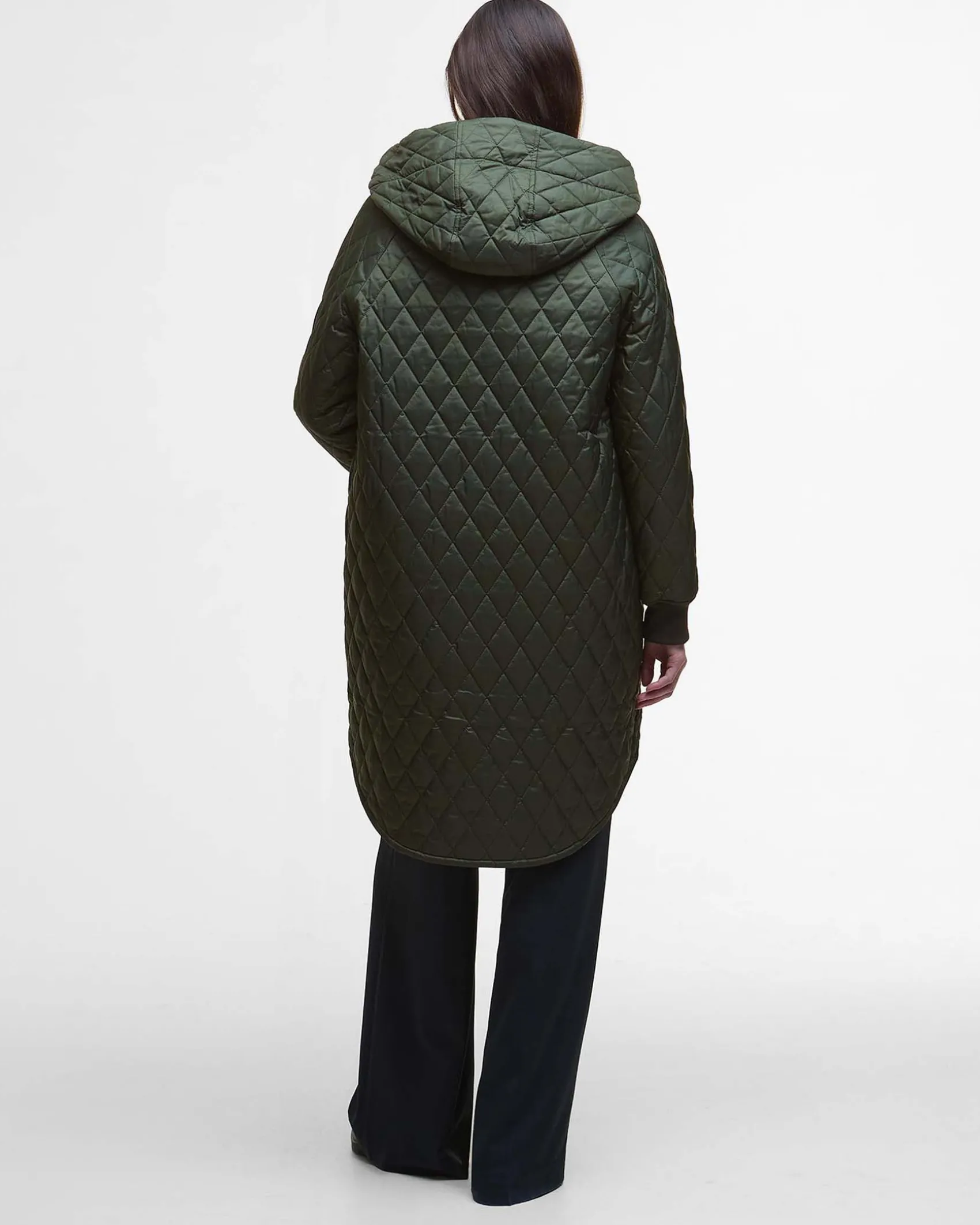 Giubbino midi verde oliva Barbour Hilary trapuntato con cappuccio avvolgente e polsini in tessuto elasticizzato
