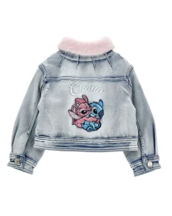 Giubbino Monnalisa in denim di misto cotone con colletto in ecopelliccia rosa e ricamo Stitch Ohana
