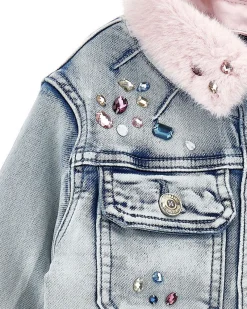 Giubbino Monnalisa in denim di misto cotone con colletto in ecopelliccia rosa e ricamo Stitch Ohana