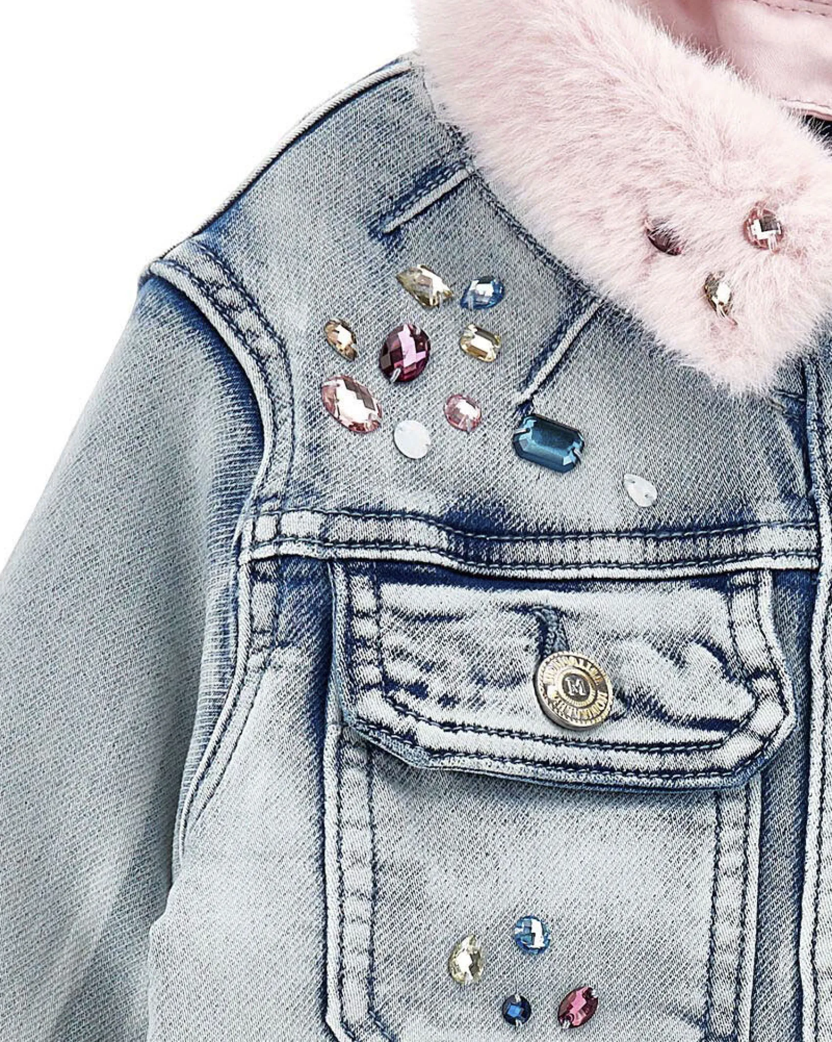 Giubbino Monnalisa in denim di misto cotone con colletto in ecopelliccia rosa e ricamo Stitch Ohana