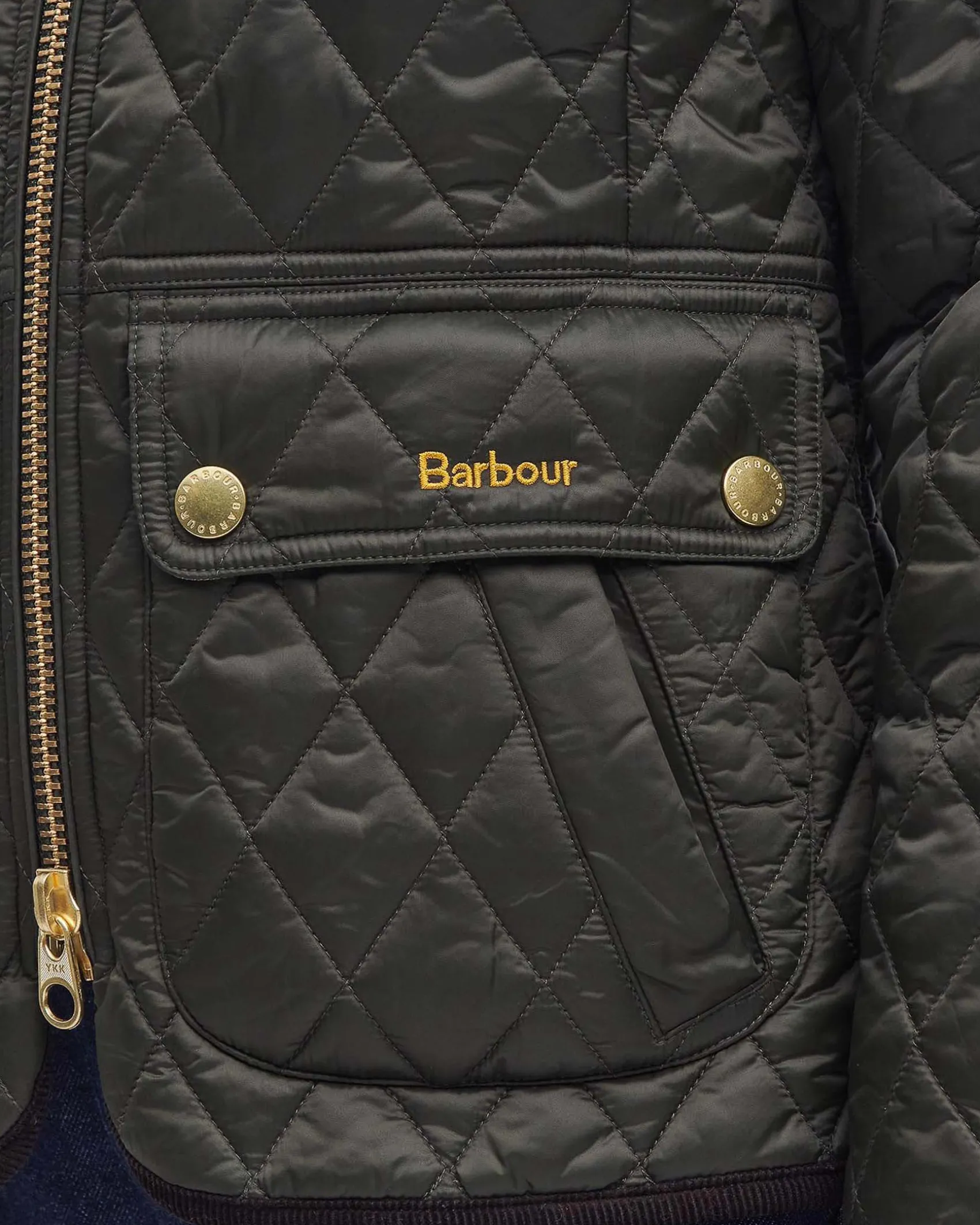 Giubbino sfiancato verde in nylon trapuntato con colletto marrone a costine
