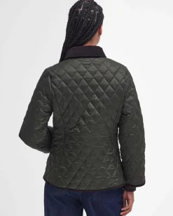 Giubbino sfiancato verde in nylon trapuntato con colletto marrone a costine