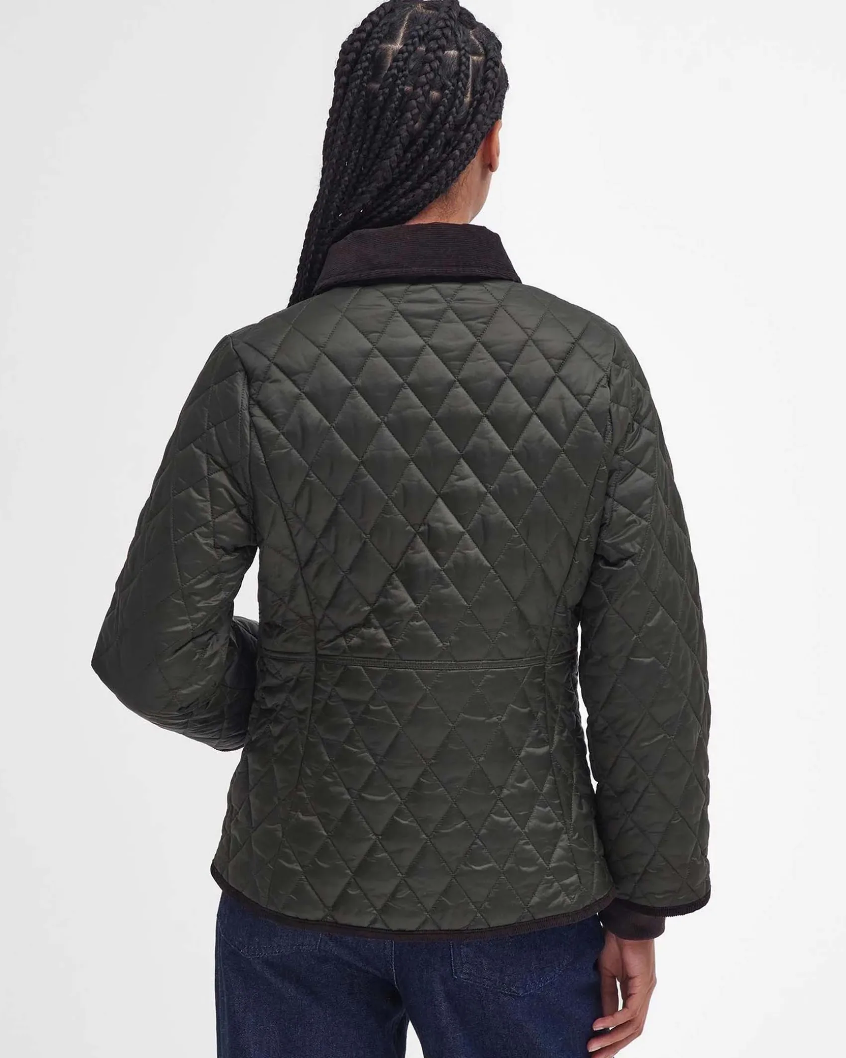 Giubbino sfiancato verde in nylon trapuntato con colletto marrone a costine