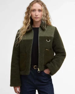 Giubbino verde oliva Barbour modello Malena in teddy bicolore con colletto e tasche in velluto color cammello a costine