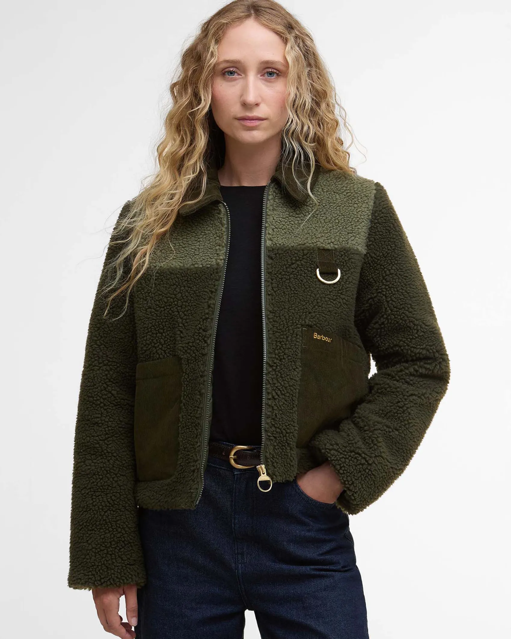 Giubbino verde oliva Barbour modello Malena in teddy bicolore con colletto e tasche in velluto color cammello a costine