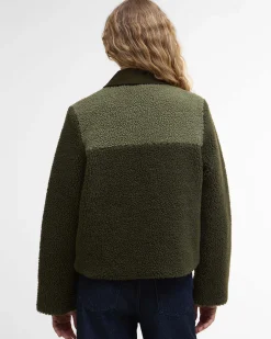 Giubbino verde oliva Barbour modello Malena in teddy bicolore con colletto e tasche in velluto color cammello a costine