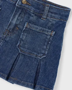 Gonna jeans Mayoral lavaggio blu scuro stone washed con pieghe e tasche